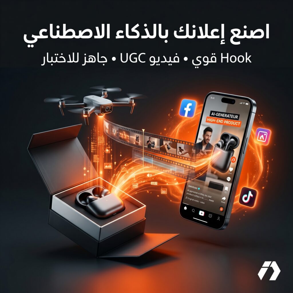 صورة توضيحية لمقال يشرح كيف يمكن استعمال Higgsfield Marketing Studio في التجارة الإلكترونية لإنشاء فيديوهات إعلانية بالذكاء الاصطناعي، بداية من Hook قوي وصولًا إلى فيديو UGC أو إعلان كامل جاهز للتجربة في Facebook Ads وTikTok Ads.